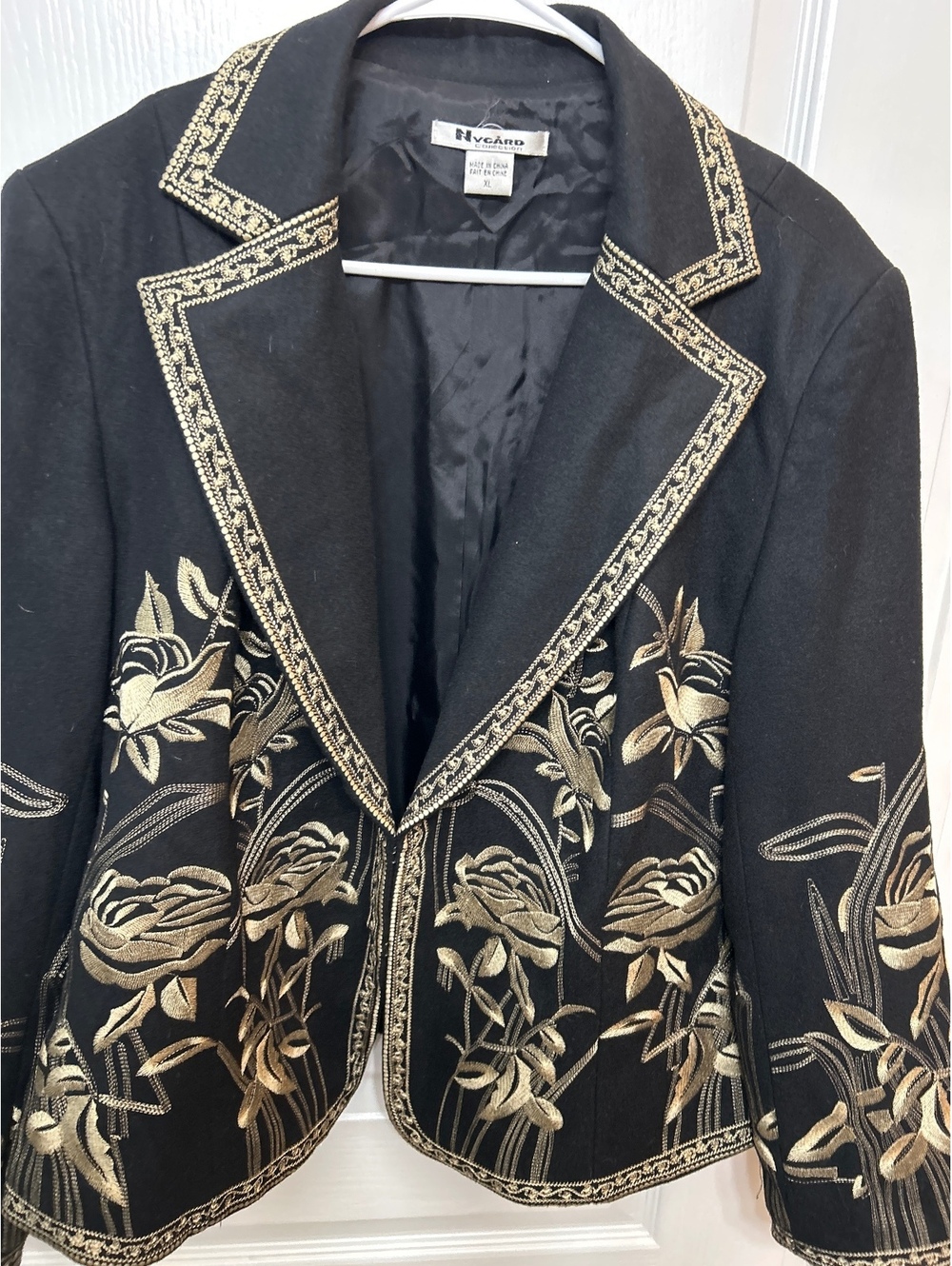 Nygard Collection Black Blazer with Gold Floral Embroidery, Size XL